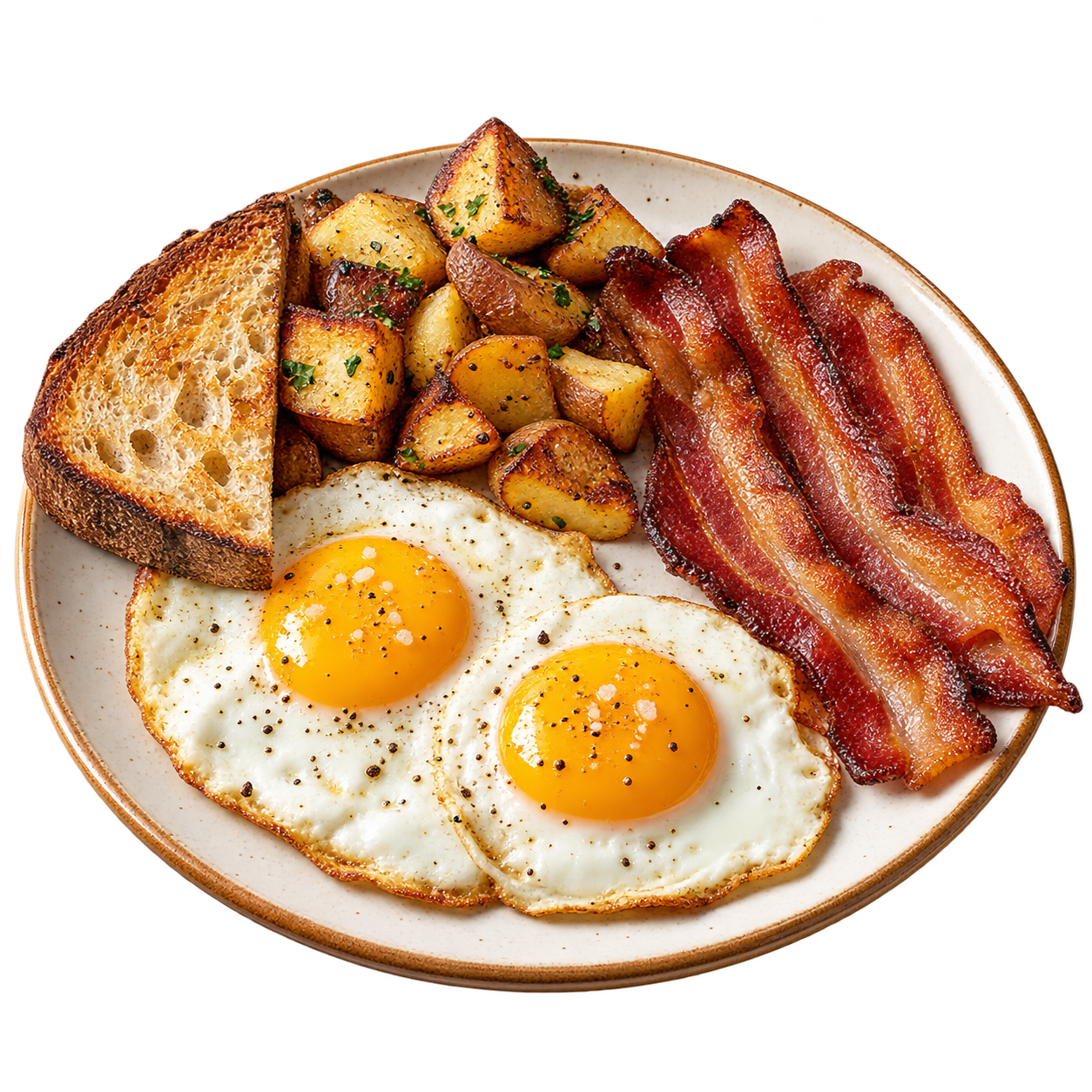 Huevos estrellados con tocino, papas y pan tostado
